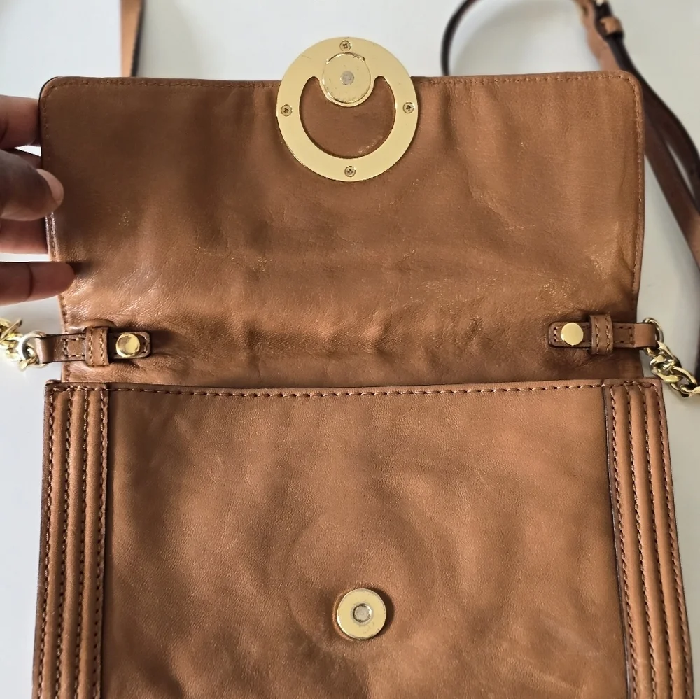 Michael Kors Women Fulton Brown Leather Crossbody Bag Gold Chain Strap Dustbag - Picture 11 of 16